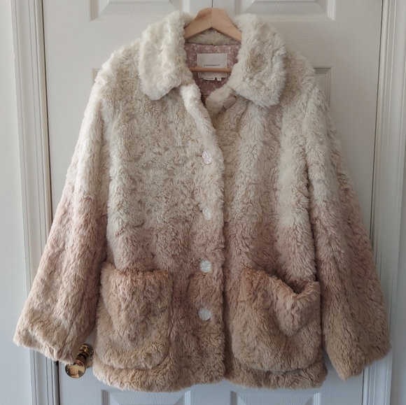 Anthropologie Jackets & Blazers - Anthropologie Ivory Button Front Ombre Plush Faux Fur Coat Size Large
